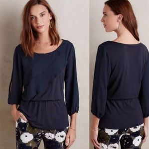 Anthropologie Deletta Alee Ruffle Scoop Neck Quarter Sleeve Navy Blouse